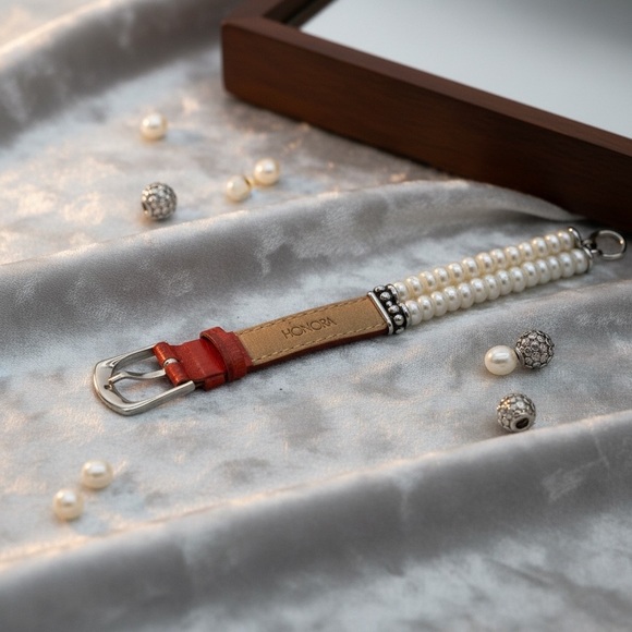 Honora Pearl & Red Leather Bracelet adjustable watch band - Picture 8 of 9